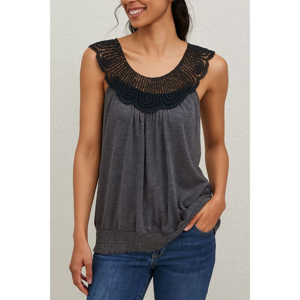 Agenda Gray Sleeveless Top Black Crochet Yoke Size Large Boho Flowy Smocked Hem